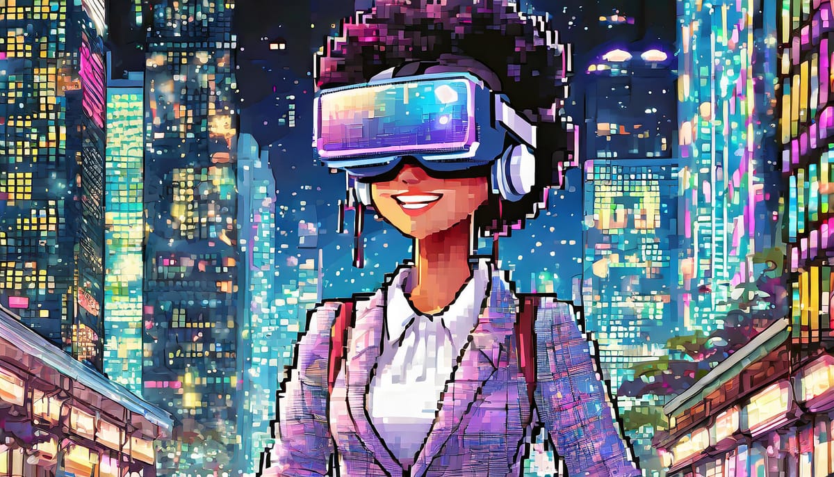 AI-generated image of a young woman wearing VR goggles while standing on a city street at night.