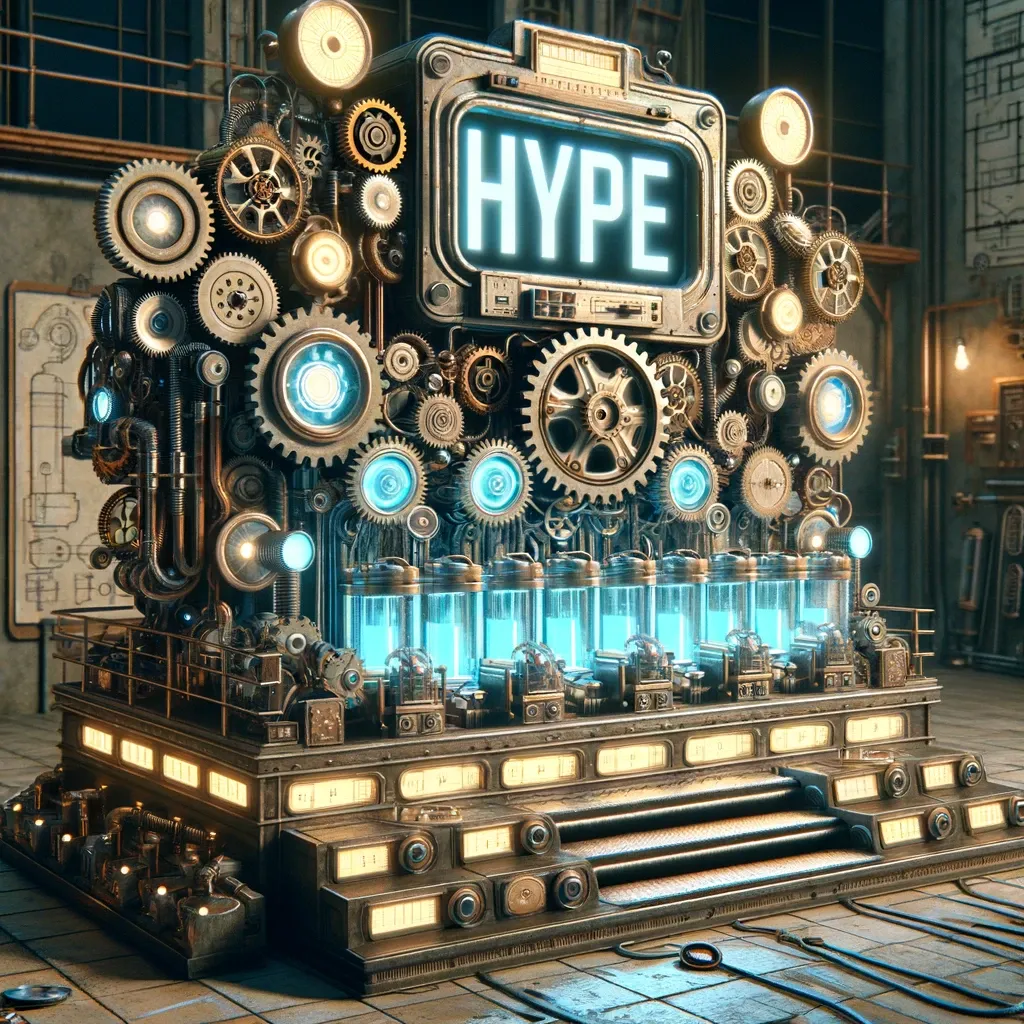 A mythological, steampunk-style machine with the word "hype" prominently displayed on the front.