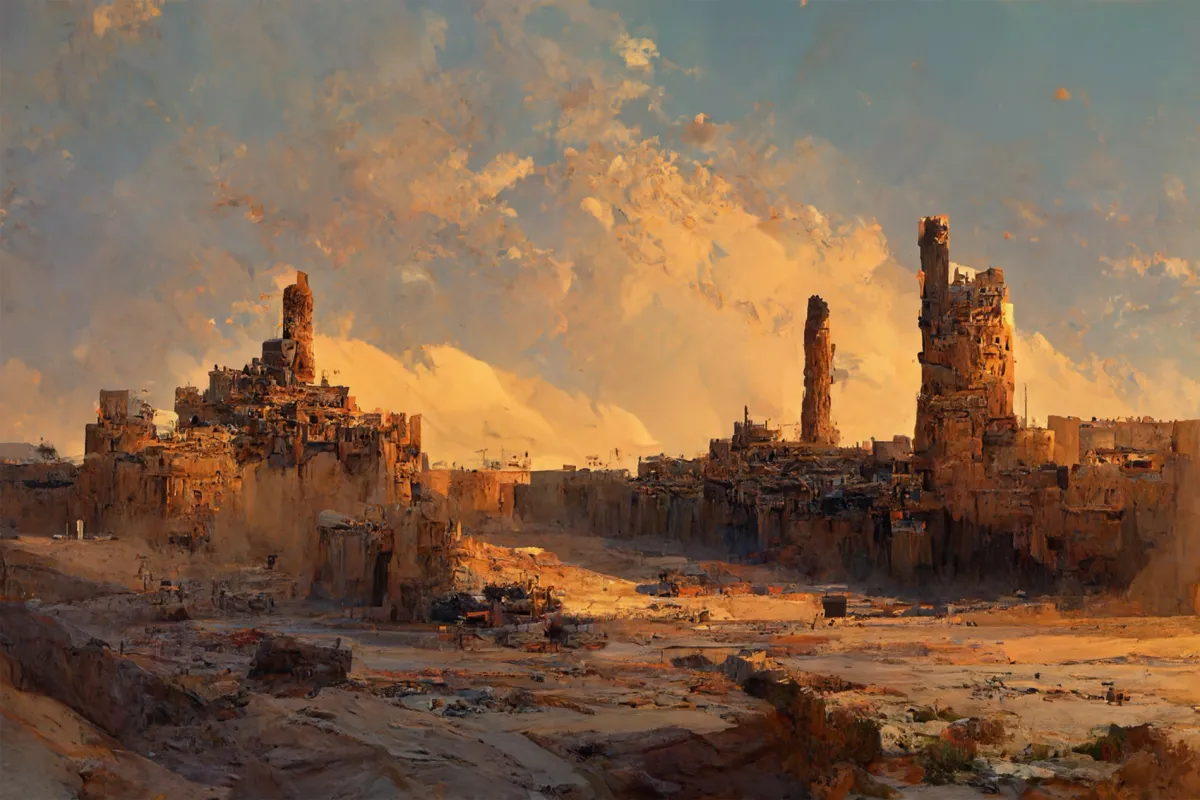 AI-generated image of an abandoned, crumbling ancient city in a desert.